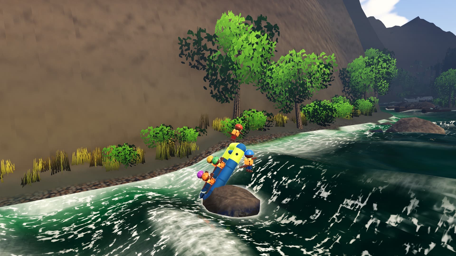 A raft stood on end against a midstream rock, crew spilling toward the tube