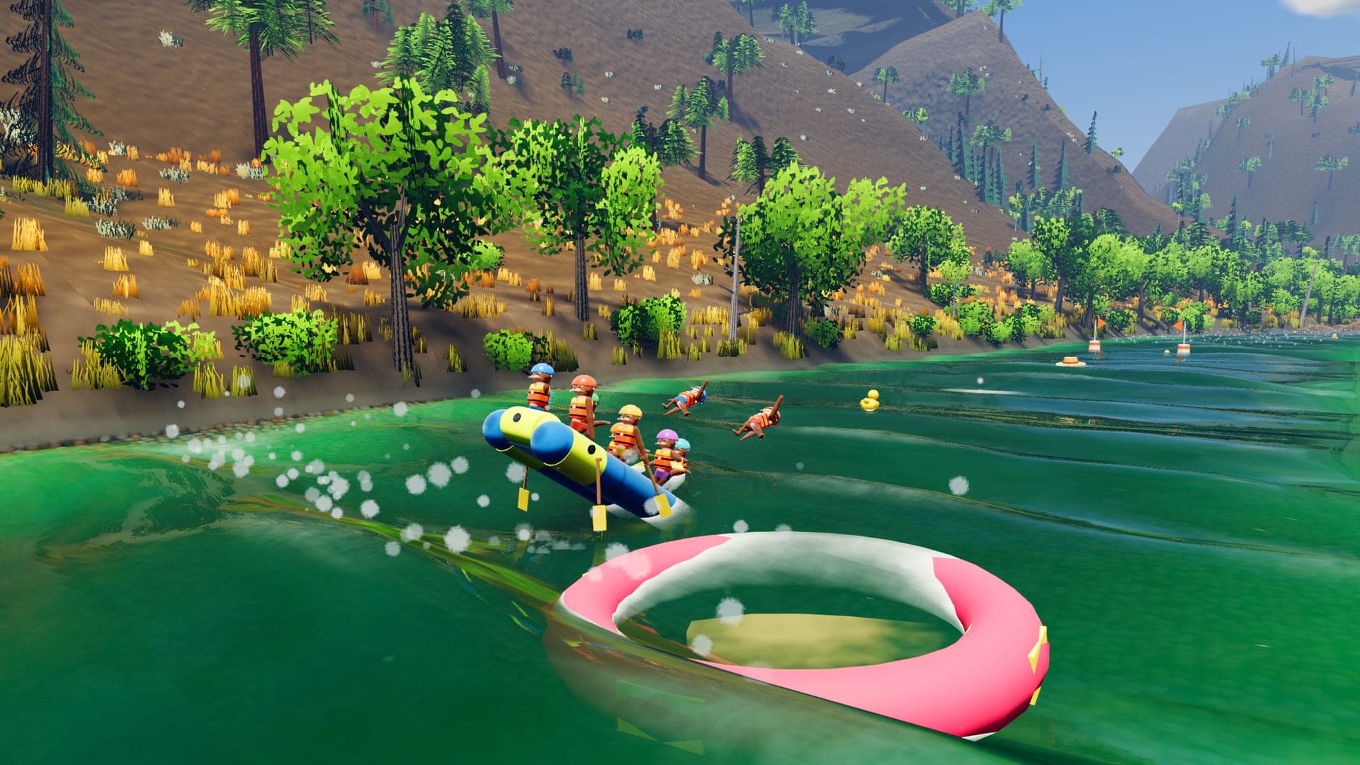 A raft launching off a standing wave with two of the crew thrown over the stern, an inner tube floating in the foreground