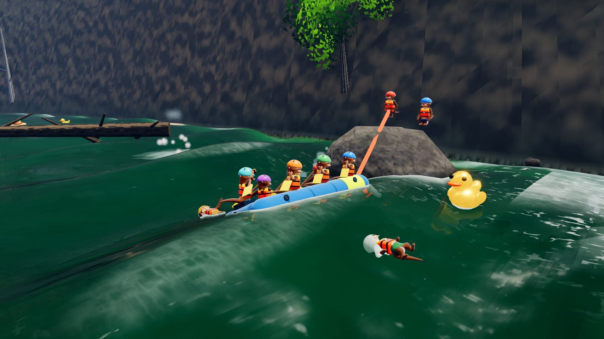 Two otters on a rock holding a rope out to a raft pinned in the current, a golden rubber duck floating past